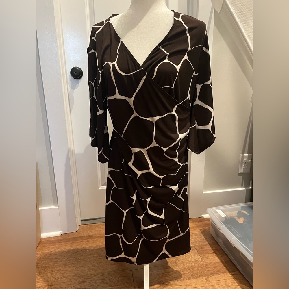 MSK Brown and Cream 3/4 Sleeve Dress with open shoulders